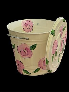 Hand-Painted Floral 4 gallon Metal Bucket with lid- Pink/Peonies Roses